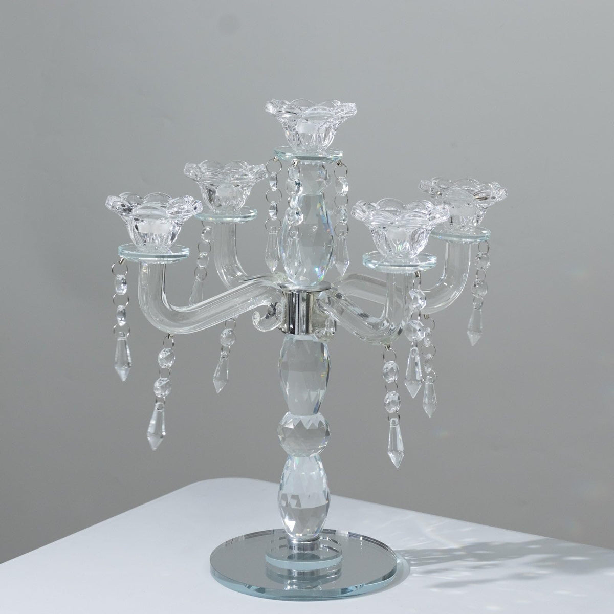 Efavormart Crystal 5-Arm Candelabra Taper Candle Holder with Hanging Prisms & Round Mirror Base – Faceted Cut Glass Design - 14" Tall