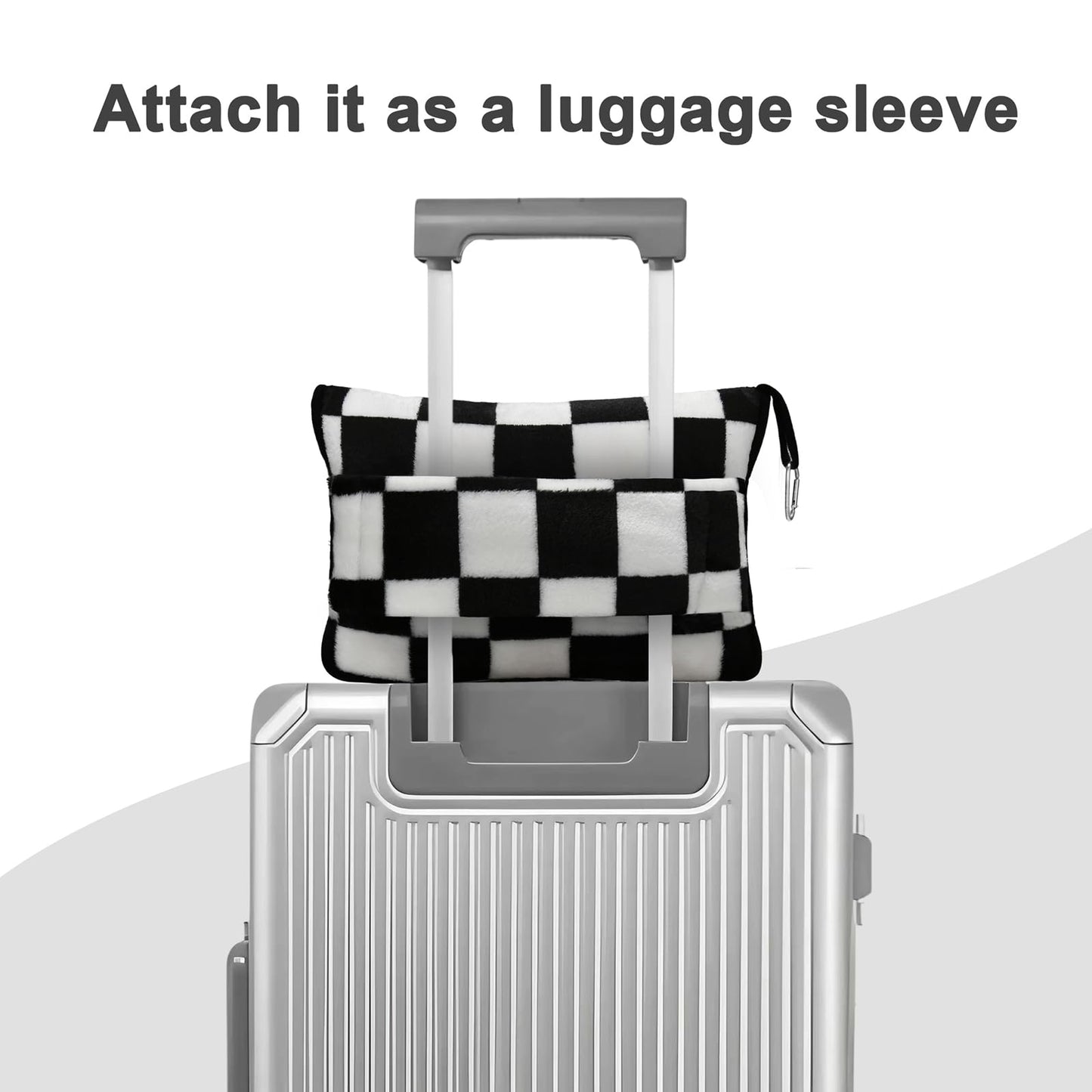 Travel Blanket and Pillow Compact, Premium Soft 2 in 1 Airplane Blanket with Soft Bag Pillowcase，Hand Luggage Sleeve and Backpack Clip (Checkered Black)