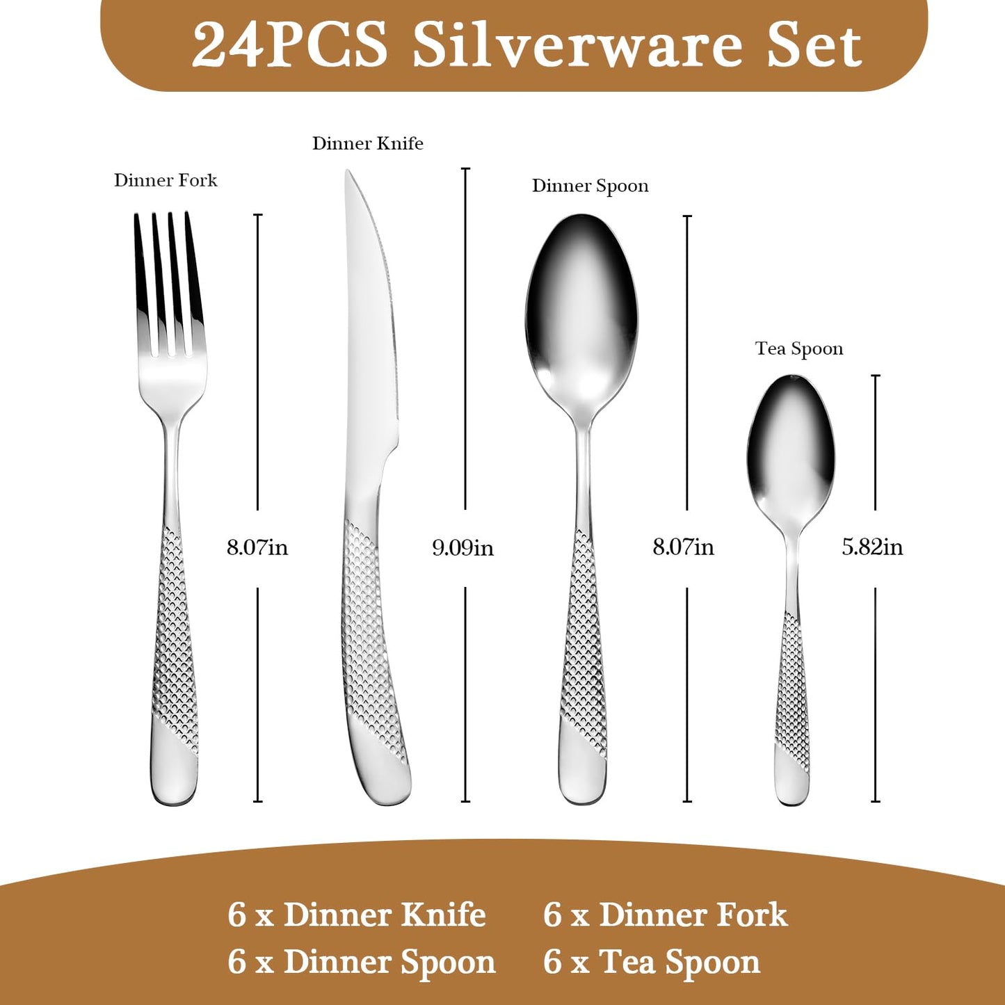 24 Piece Hammered Silverware Set for 6, Premium Food-grade Stainless Steel Flatware Set, Modern Design & Mirror Polished Cutlery Set, Eating Utensil Set Include Fork Knife Spoon Set, Dishwasher Safe