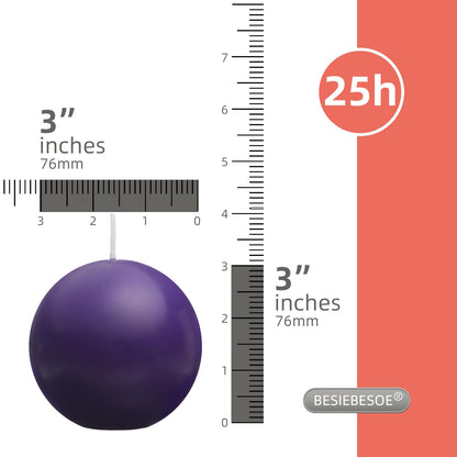 Ball Pillar Candles Set of 3 Purple 3Inch Unscented Handpoured Weddings, Home Decoration, (75 Hour)
