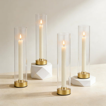 Hurricane Candle Holders Golden Taper Candle Sticks Holder, with 11" Thickened Glass Cylinder Covers Tall Candlesticks Holders Bulk Set of 4, Dining Table Centerpiece for Wedding