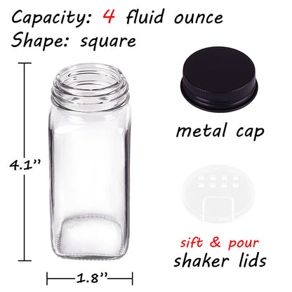 Churboro 36 Spice Jars with 547 Labels- Glass Spice Jars with Black Metal Caps, 4oz Empty Spice Containers with Shaker Lids, Funnel, Chalk Pen, Square Seasoning Bottles for Spice Rack, Drawer, Cabinet