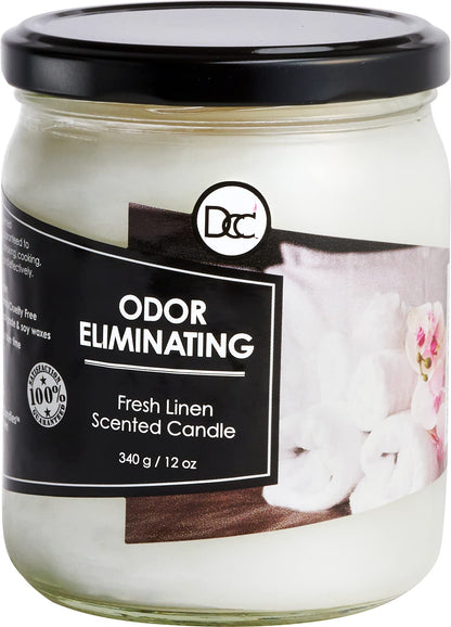 Fresh Linen Odor Eliminating Highly Fragranced Candle - Eliminates 95% of Pet, Smoke, Food, and Other Smells Quickly - Up to 80 Hour Burn time - 12 Ounce Premium Soy Blend