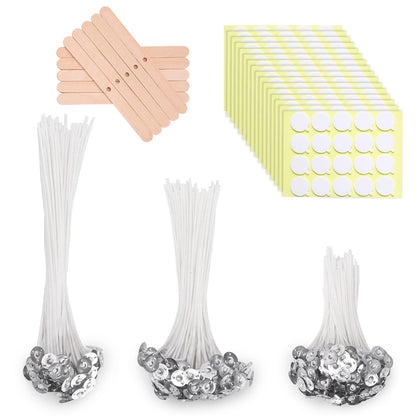 Aubeco 320Pcs 4/6/8 inch Pre Waxed Candle Wick with 320Pcs Wick Stickers and 10Pcs Candle Wick Holders, Bulk Cotton Candle Wicks for Candle Making, Soy Wax