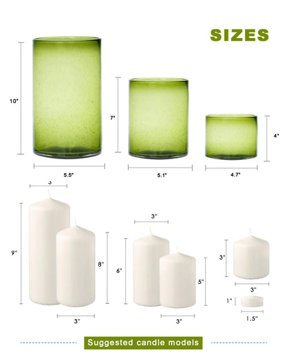 ARIAMOTION Hurricane Candle Holders Set of 3, Spring Green Glass with Seeded Bubbles, Pillar Candle Holders, Cylinder Vase Centerpieces 10" 7" 4" Height