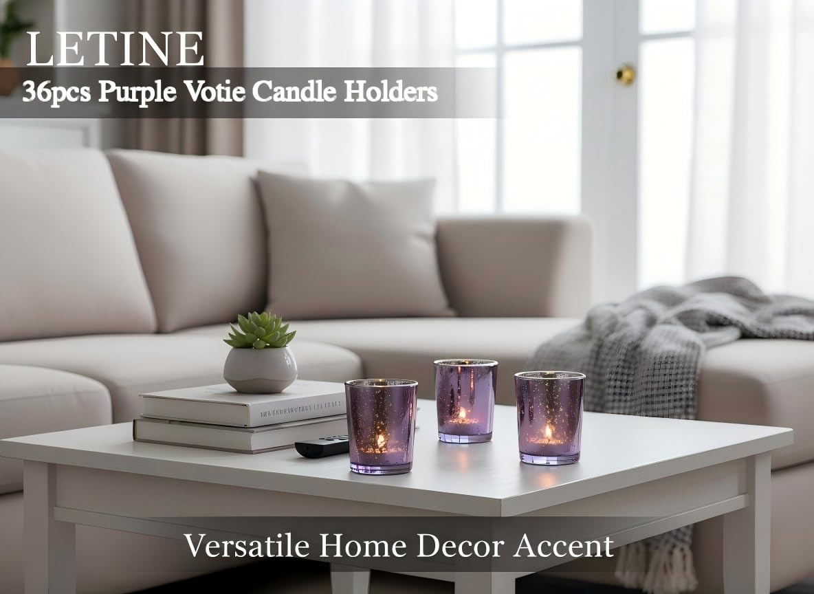 Letine 36pcs Purple Glass Candle Holder Bulk - Ideal Spring Summer Decor for Wedding Centerpiece Table，Valentine's Day