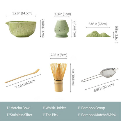 Matcha Set, Matcha Whisk and Holder, Bamboo Matcha Scoop and Stainless Steel Sifter - 7Pcs Gradient Green Matcha Kit for Matcha Lover