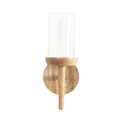 Kate and Laurel Shae Transitional Wooden Wall Sconce; 5 x 5 x 13; Natural Wood; Rustic Candle Holder with Removable Glass Cylinder for Flameless Pillar Candles