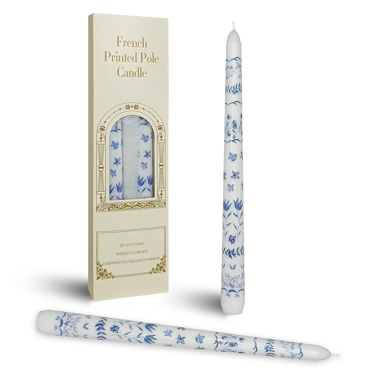 Chinoiserie Printed Taper Candle White with Blue Pastoral Floral Candlesticks 10 Inch Drip Handmade Long Tapered Candles, Set of 2 for Wedding & Home Decor Gifts