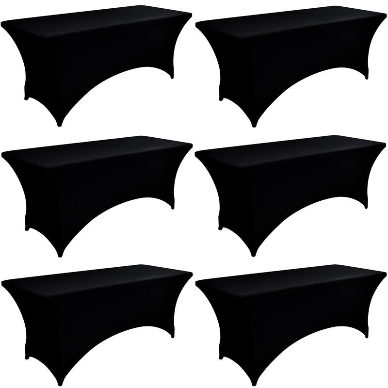 ZarzaaSik 6-Pack 8ft Black Spandex Table Covers for Rectangle Folding Tables - Washable Elastic Tablecloth - Ultimate Fitted Table Protector for Birthday Parties, Trade Shows, Banquet