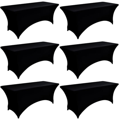 ZarzaaSik 6-Pack 8ft Black Spandex Table Covers for Rectangle Folding Tables - Washable Elastic Tablecloth - Ultimate Fitted Table Protector for Birthday Parties, Trade Shows, Banquet