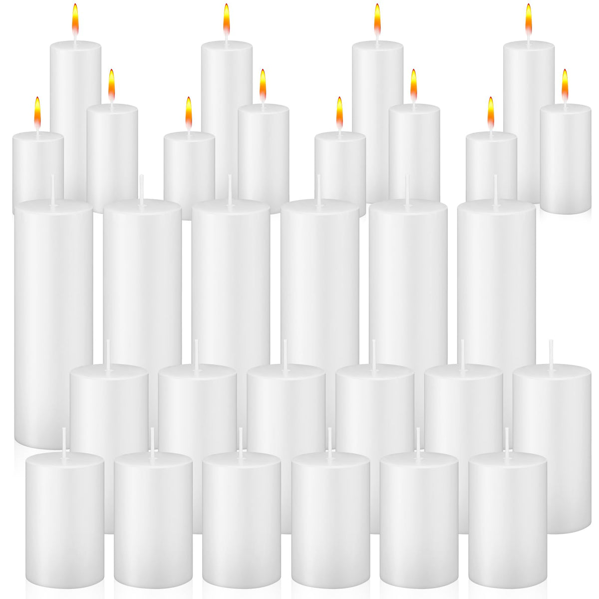 MTLEE 36 Pcs Pillar Candles Bulk Unscented Candle Set 38 Hour Long Burning Dripless for Dinner Emergency Wedding Spa Party(3 Sizes,White)