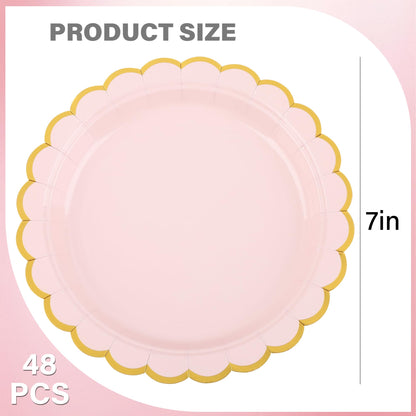 AimFun Pink Disposable Dessert Party Plates 7inch Gold Foil Scalloped Paper Plate for Valentines Day Bridal Baby Shower Wedding Tea Party Supplies