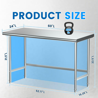 Treshin Stainless Steel Work Table Open Base 24" X 60", Commercial Heavy Duty Prep Table for Kitchen, Restaurant, Home, Hotel, Laundry