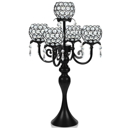 kolnlala 22.5 Inch Black 5-Arm Tea Light Crystal Candle Holder/Candlestick, Exquisite and Gorgeous Crystal Candelabra Table Centerpiece for Wedding/Holiday Events, Parties & Home Decor