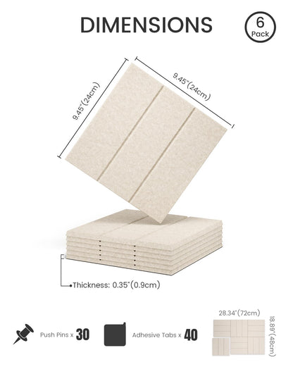 Felt Bulletin Board Tiles -28"x18" with 40 Adhesive Tabs, Cork Board Alternative for Office Decor, Push Pin Board Wall Organizer 6-Pack (Oatmeal)