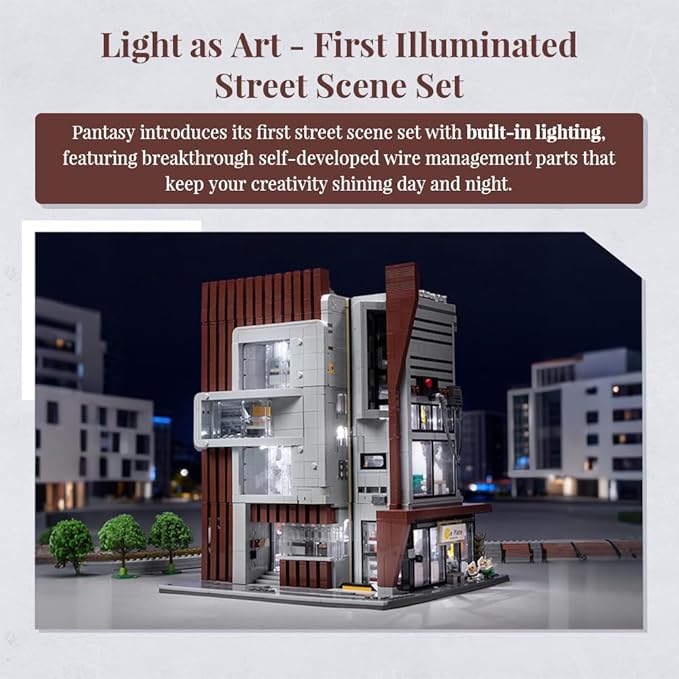 PANTASY Architecture Studio Building Set Korean MOC Artist Ohsojang Collaboration Modular 3-Story Modern Office with LED Lighting Urban Street Scene Brick Model with 5 Minifigures