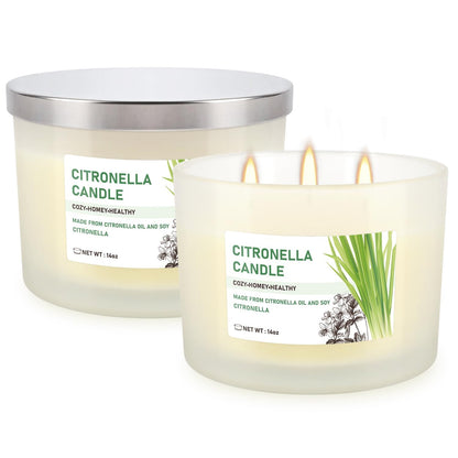 Citronella Candle Set of 2, 14oz Frosted Jar Triple-Wick, Clean & Smokeless for Outdoor Patio, Garden, Deck, Porch Ambiance with Natural Citronella Scent