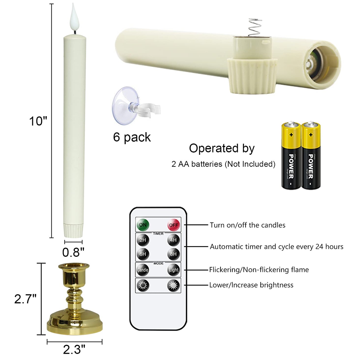 DRomance Christmas Flameless Window Taper Candles with 10-Key Remote and Timer, Battery Operated Real Flame Effect Realistic 3D Wick, 6 Pack Gold Holders and Suction Cups Included