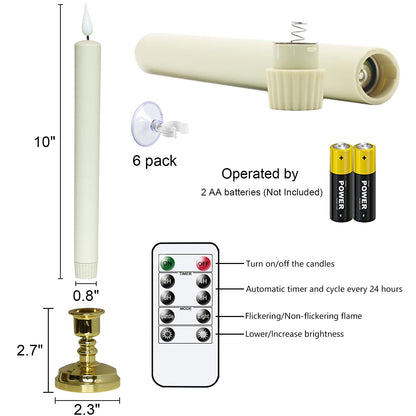 DRomance Christmas Flameless Window Taper Candles with 10-Key Remote and Timer, Battery Operated Real Flame Effect Realistic 3D Wick, 6 Pack Gold Holders and Suction Cups Included