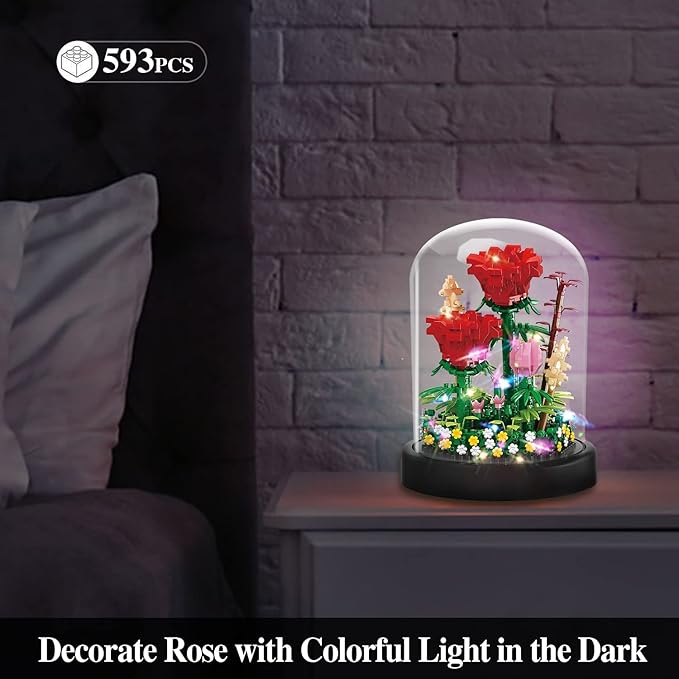 2 Flowers Bouquet Sunflowers - Rose Building Kit Creative Bonsai Tree Succulents Plant Blocks with LED Light Botanical Collection Home Office Decor Ideal Gift for Lover Adult