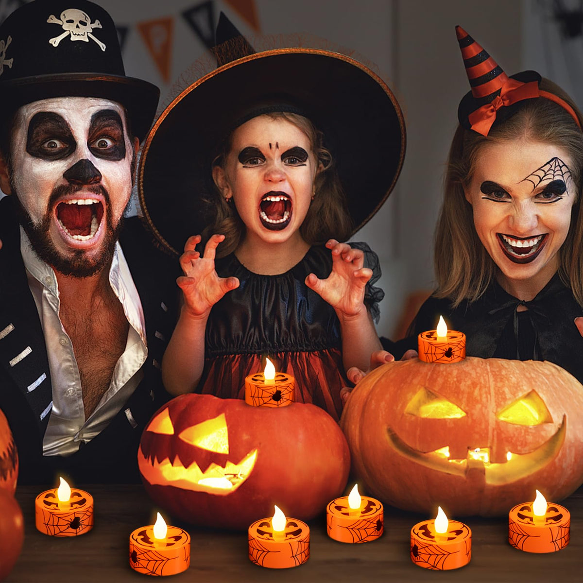 GenSwin Halloween Tealights Candles Battery Operated, 12 Pack Tea Lights Flameless Candles with Timer, Orange LED Votive Flickering Candles with Pumpkin Face and Spiderweb Prints for Halloween Decor
