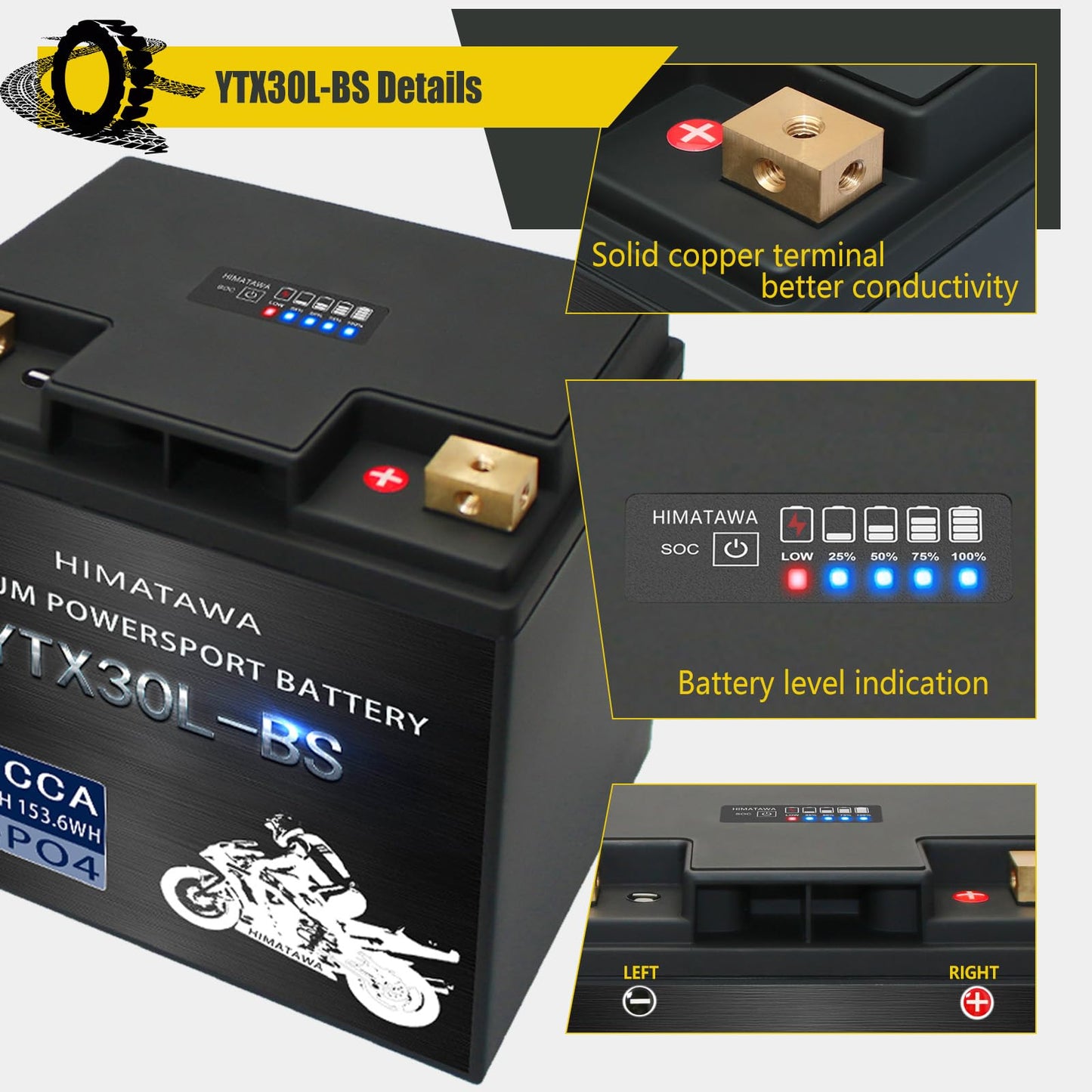 Himatawa YTX30L-BS lithium battery 780cca 12Ah LiFePO4,Fits for motorcycle,UTV,ATV,PWC,Jet Ski, Scooter, Lawn Mower, Snowmobile, Motorbike,Tracktor,Quad