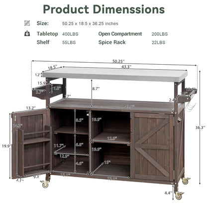 50.25" W Grill Cart with Stainless Steel Tabletop - Outdoor Storage Cabinet for BBQ, Bar Patio Kitchen Island with Ample Storage and Lockable Wheels