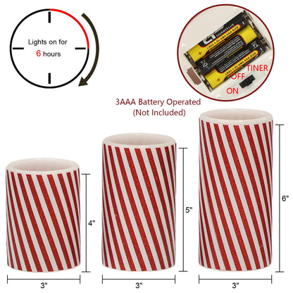 DRomance Christmas Flameless Candles Battery Operated with 6 Hour Timer, Real Wax Flickering LED Pillar Candles Candy Cane Decals Dinner Party Holiday Indoor Table Decor(3 Pack, 3" D x 4", 5", 6" H)