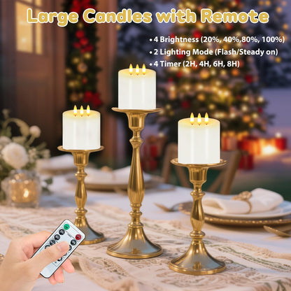Large 3 Wick Flameless Candles, 4"x4" Flickering Flameless Candles with Remote & Timer, Dimmable Real Wax LED Candles Battery Operated, Electric Pillar Candles for Home Wedding Christmas Decor (White)