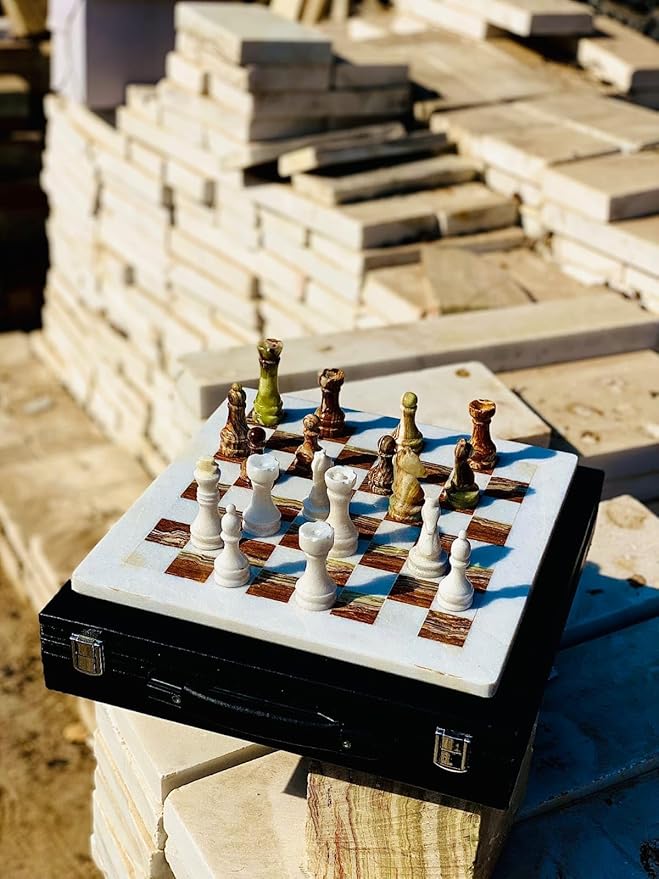 Marble Chess Set Handmade Onyx Full Chess Game Set.Comes in Rexine Box Packaging. Perfect for Gifting (White Multigreen)