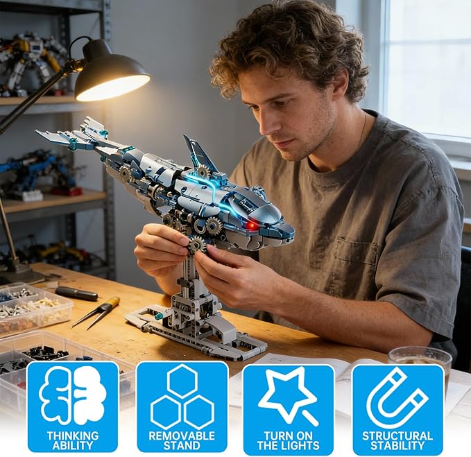 Mechanical Blue Dolphin Building Blocks Set with Hand-Crank &amp Motorized Movement Interactive Detailed Gear Design Display &amp Play Model Futuristic Ocean Animal Model