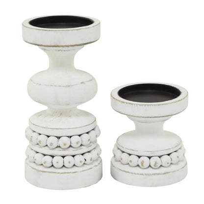 Deco 79 Wood Decorative Candle Holder Beaded Pillar Candle Stand, Set of 2 Candlestick Holder 8", 4"H, White
