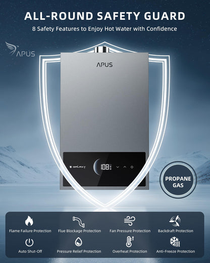 APUS Tankless Water Heater Propane Gas, Up to 4.42 GPM, Indoor Hot Water Heater, 95,000 BTU on Demand Instant Hot Water Heaters with Smart Digital Display, Space Gray