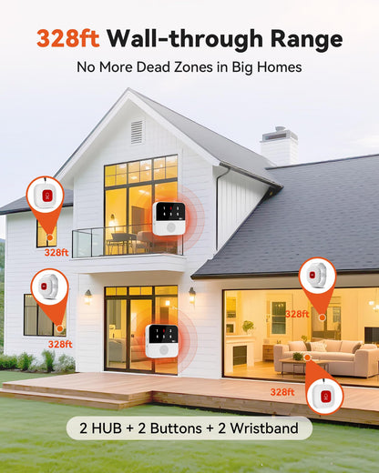 PILSAMAS WiFi Caregiver System - 2 Smart HUBs with Flashing Caller ID & APP Alert, 2 Waterproof Wristband + 2 Call Buttons, No Monthly Fee, Medical Alert Systems for Seniors at Home & Nursing Homes