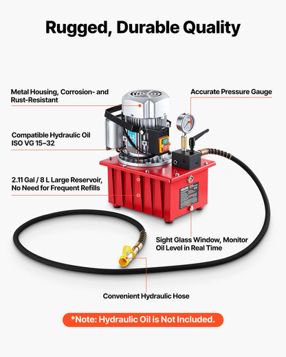 VEVOR Electric Hydraulic Pump, 750W 10,000 PSI, 120V Single Acting Electric Driven Hydraulic Pump Power Pack Unit, with Manual Valve, 2.1 Gallon / 8L, for Punching, Bending, Single Acting Cylinders