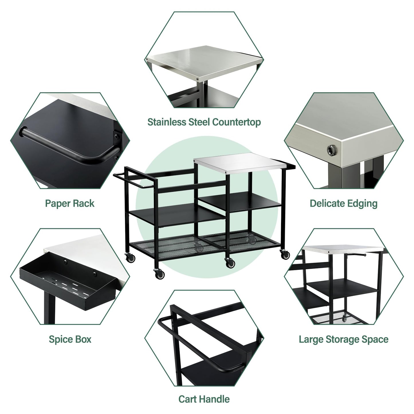 TC-HOMENY Grill Table for Big Green Egg Stand, Metal Cooking Table Stand with Wheels, Heavy Duty Outdoor Movable Style BBQ Grill Cart, Grill Holder Compatible with Large Big Green Egg and Other Models