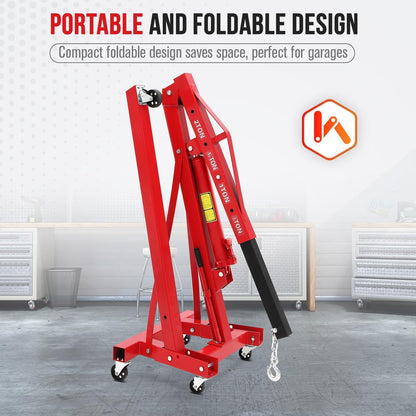 Hydraulic Engine Hoist, 2-Ton Folding Portable Shop Crane Lift, 4400 Lbs Capacity with Telescopic Boom and 6 Casters, Foldable Mobile Cherry Picker for Garage Workshop Warehouse, Red, Heavy-Duty
