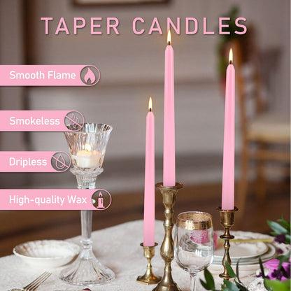 50-Pack Pink 10-Inch Taper Candles: Unscented Dripless Candlesticks with 8-Hour Burn Time - Elegant Dinner Candles for Valentine's Day, Romantic Dinners, Wedding Centerpieces, & Special Event Decor
