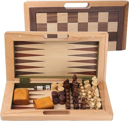 GSE Games &amp Sports Expert 16 Deluxe 3-in-1 Wooden Folding Chess Checker &amp Backgammon Board Game Combo Set Portable Travel Game Set for Kids &amp Adults