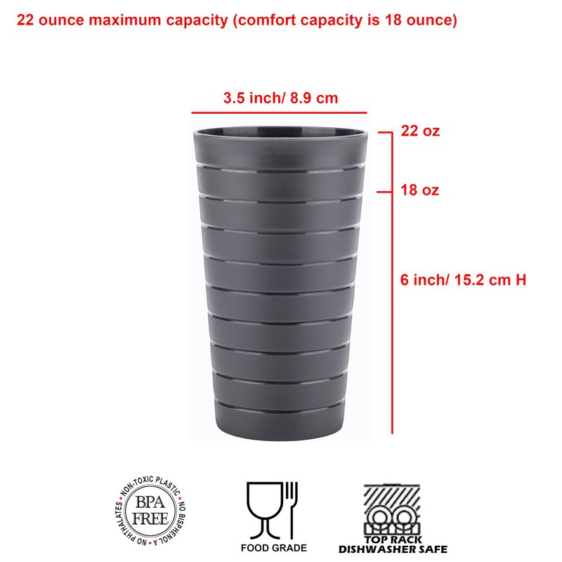 KX-WARE Mixed Drinkware 22-ounce Plastic Tumblers/Drinking Glasses/Party Cups/Iced Tea Glasses Set of 12 Grey Stone | Unbreakable, Dishwasher Safe, BPA Free