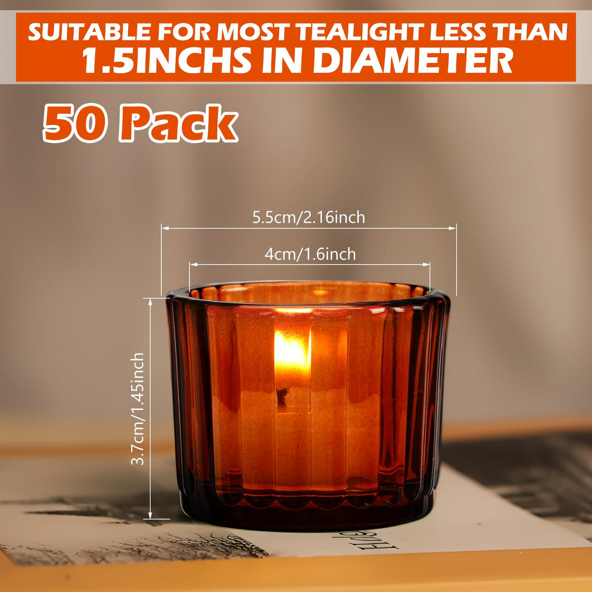 Mumufy 50 Pcs Glass Tealight Candle Holder Ribbed Votive Candle Holder for Centerpiece Wedding Proposal Spa Aromatherapy Meditation Home Decor (Amber)