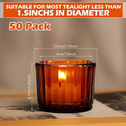 Mumufy 50 Pcs Glass Tealight Candle Holder Ribbed Votive Candle Holder for Centerpiece Wedding Proposal Spa Aromatherapy Meditation Home Decor (Amber)