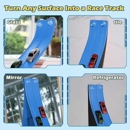 Flexible Race Track 15 Ft Starter Set Flex Tracks for Kids 3+ with Strong Suction Cups Flexible Car Race Ramp Track Compatible with Hot Wheels and Diecast 1/64 Cars Portable Rolls Up Race Tracks