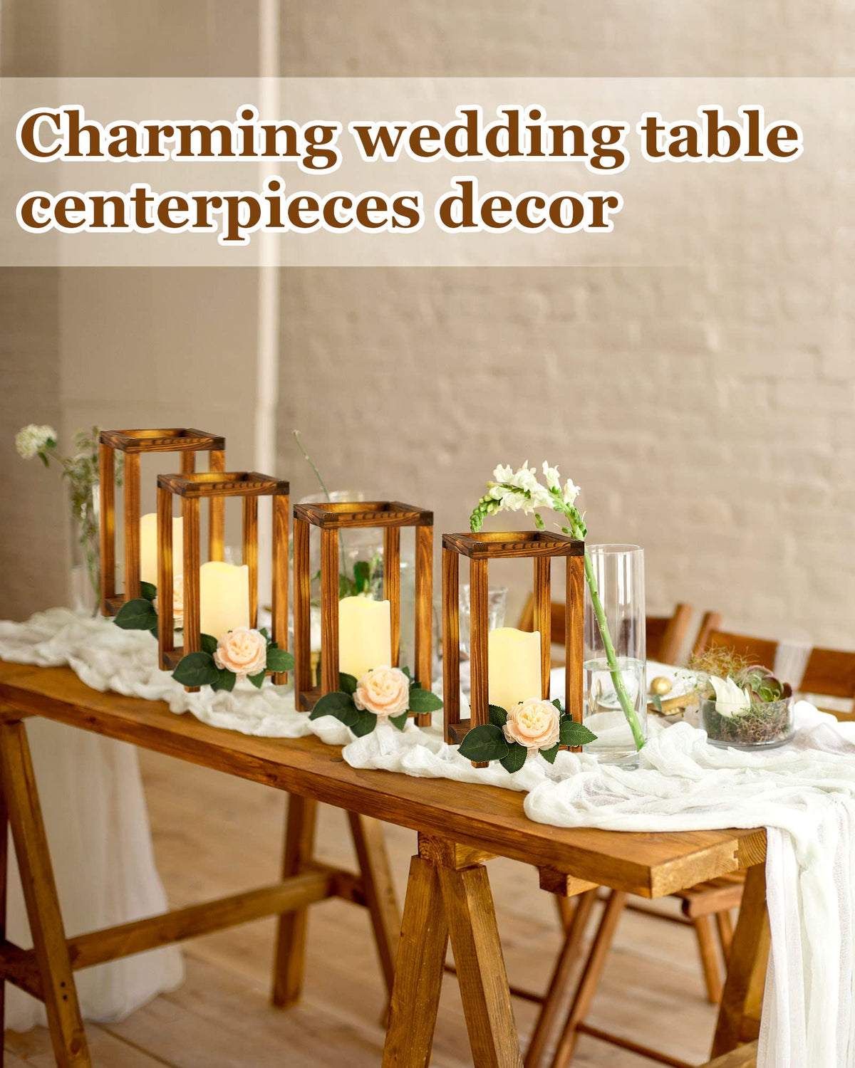 Huquary 8 Pcs Wooden Wedding Lantern Centerpiece for Table Decoration Includes 4 Farmhouse Candle Holder and 4 Flameless Decorative LED Candles for Rustic Home Wedding Decor(Dark Brown)