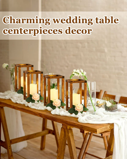 Huquary 8 Pcs Wooden Wedding Lantern Centerpiece for Table Decoration Includes 4 Farmhouse Candle Holder and 4 Flameless Decorative LED Candles for Rustic Home Wedding Decor(Dark Brown)