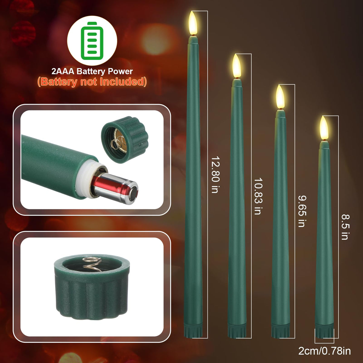 Rossesay 24 Pcs Flameless LED Taper Candles Battery Operated Candle 8.5", 9.65", 10.8", 12.8" Flameless Candlesticks Flickering for Christmas Church Wedding Indoor Decoration(Classic, Green)