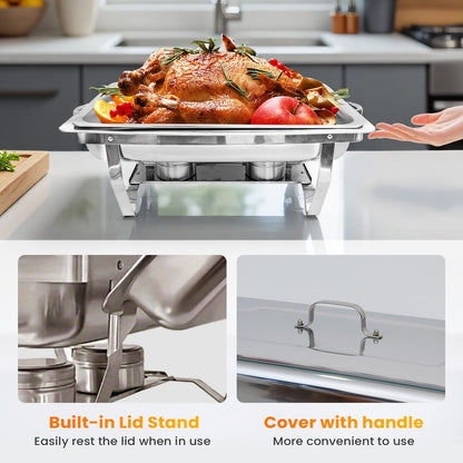 POWERFUEL Chafing Dishes for Buffet, 4 Pack 9QT Rectangular Stainless Steel Chafing Dishes Set with with 4 Serving Tongs, Serving Tray, Water Pan, Stand, Fuel Holder for Party, Gathering, Wedding