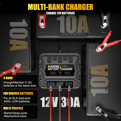 3 Bank Marine Battery Charger 30A (10A/Bank) 10X3, 12V,Waterproof,lifepo4 Boat Battery Charger Maintainer and Desulfator for AGM, Lithium,Deep-Cycle Batteries Boat Accessories
