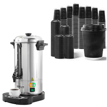 Commercial Coffee Urn 50 Cup/8L + 200-Pack 12oz Insulated Paper Cups with Lids | Complete Coffee Serving Bundle for Restaurant Catering, Church & Large Events